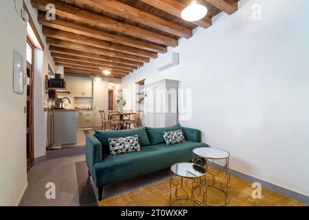 Bright kitchen and living room interior in contemporary rustic apartment Stock Photo
