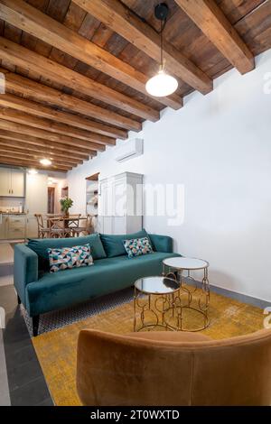 Bright kitchen and living room interior in contemporary rustic apartment Stock Photo