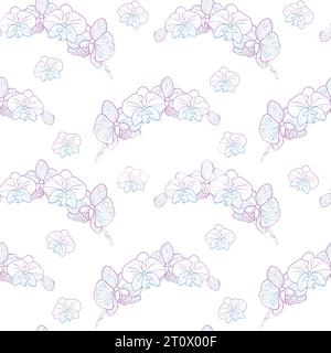 Tropical orchid flower seamless pattern, hand drawn sketch flower head in pastel blue and pink color. Vector background for surface design or textile. Stock Vector