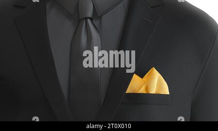 Blank yellow folded pocket square in black classic suit mockup, 3d rendering. Empty strict male costume with silk scarf mockup closeup, front view. Cl Stock Photo