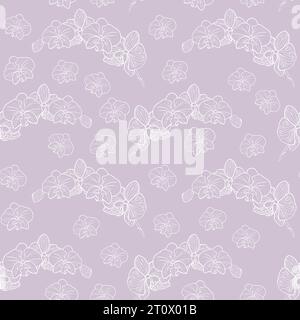 Tropical orchid flower seamless pattern, hand drawn sketch flower head in pastel blue and pink color. Vector background for surface design or textile. Stock Vector