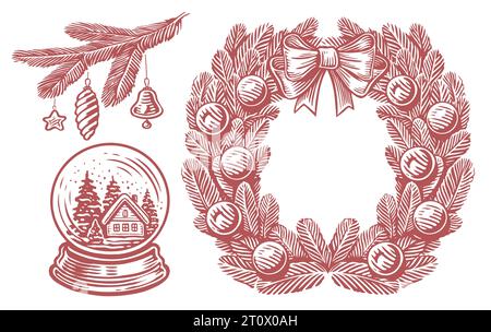 Christmas wreath, Glass ball with snow, Fir branch with decorations. Set vintage sketch vector illustrations Stock Vector