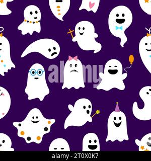 Halloween cute kawaii ghosts characters seamless pattern. Trick or treat holiday horror night monsters vector background of flying white spirits. Cartoon phantoms personages with magic wand, balloons Stock Vector