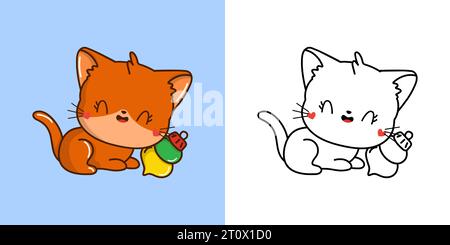 Clipart Christmas Red Cat Multicolored and Black and White. Cute Clip ...