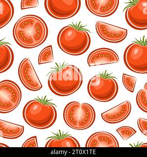 Vector Red Tomato seamless pattern, repeat background with different chopped garden tomatoes for bed linen, decorative square poster with group of fla Stock Vector