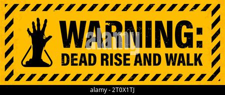 Zombie outbreak warning Halloween horror holiday apocalypse beware poster with vector silhouette of zombie hand. Halloween monster attack warning, caution, danger, attention sign, grunge striped frame Stock Vector