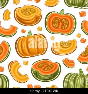 Vector Pumpkin Seamless Pattern, repeat background with illustrations of yellow whole pumpkin and ripe chopped kabocha for wrapping paper, square post Stock Vector