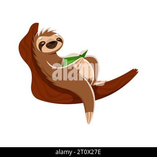 Cartoon sloth character peacefully rests on a branch, engrossed in a book, lost in dreamy worlds as pages gently turn. Tranquil vector scene of leisure and reading, capturing slow-paced relaxation Stock Vector