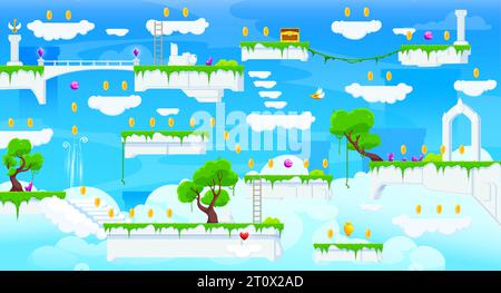 Arcade game level map with ice platforms, ladders and fluffy clouds in blue sky heaven, vector background. Cartoon game level map with platforms of ice rocks and green trees with golden coins rewards Stock Vector