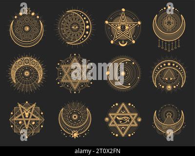 Crescent and moon esoteric occult symbols, tarot magic icons. Star of David, ankh and Eye of Horus occult emblems. Religion ancient signs, providence eye, magic tattoo or witchcraft sacred symbols Stock Vector