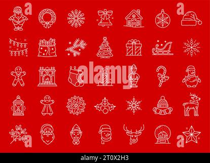 Christmas line icons. Winter holiday outline pictograms, New Year symbols or signs. Christmas tree toy, wreath, snowflake and bell, Santa sleigh, fireplace and stocking, candle, elf, vector icons set Stock Vector