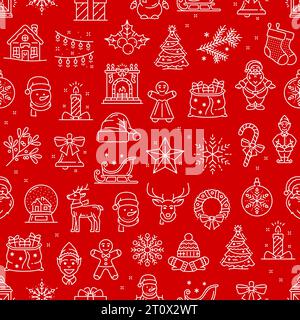 Christmas line symbols seamless pattern. Vector red background with outline Santa, wreath, snowflake, bell and pine tree branch. Sack of gifts, gnome, fireplace or lantern, elf, snowman, deer and star Stock Vector