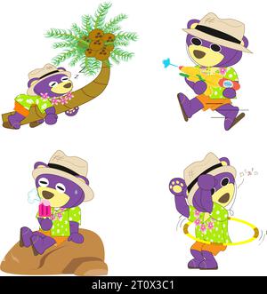 Mr.Purple bear wear the Hawaiian shirt and the fun activities in the summer 2 Stock Vector