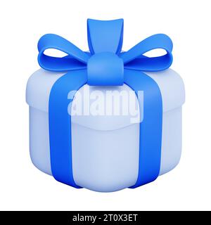 Vector 3d Gift Box. Closed Present Box With Blue Ribbon and Bow. For Surprise, Birthday Party, Baby Shower. Vector Render Illustration In Plasticine C Stock Vector