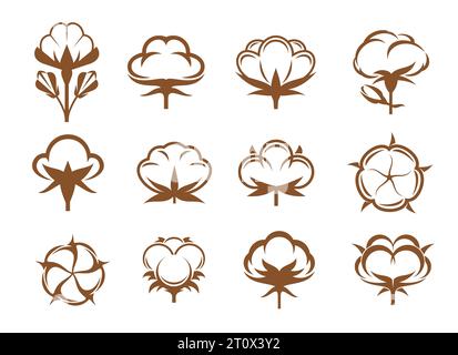 Cotton icons of vector organic plant flowers with soft pure fiber bolls, buds, cases, seeds and leaves. Brown cotton flower isolated symbols set of natural fabric label, textile material, clothing tag Stock Vector
