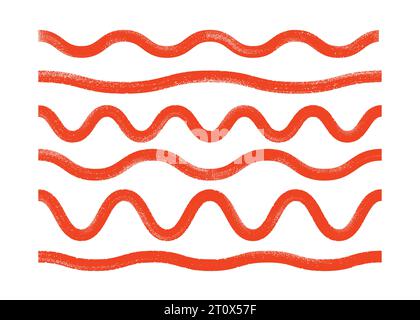 Bold curly lines, red waves set. Vector illustration with textored strokes. Stock Vector