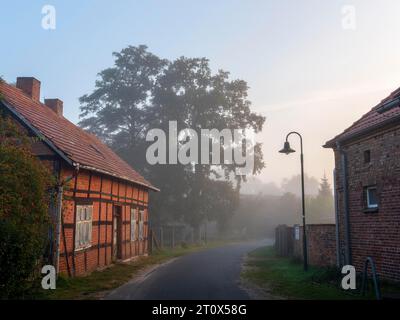 Old farmhouse on village street, half-timbered with bricks, lantern, morning mist, Schlepzig, Spreewald, Brandenburg, Germany Stock Photo