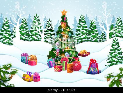 Christmas paper cut snow waves and decorated pine tree. Vector forest landscape with festive spruce and gifts at holiday eve under falling snowflakes. Xmas fir-tree with baubles, lights and presents Stock Vector