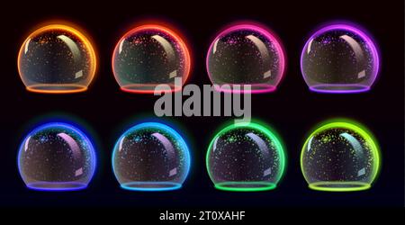 Sphere shield with glow textured surface for covering and protection - realistic 3d vector of shining defensive globe with transparency effect. Neon glass half ball with force field or energy barrier. Stock Vector