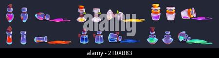 Magic potion bottle animation with spill vector. Fantasy witch glass elixir icon set. Full and empty alchemist jar asset ui design. 2d cork antidote phial isolated wizard rpg gui sheet concept. Stock Vector