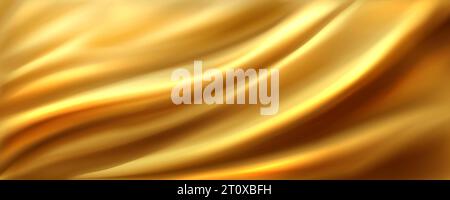 Golden silk fabric background. Vector realistic illustration of yellow satin cloth with smooth shiny texture, luxury soft textile material with wavy surface, curtain with abstract folds, liquid paint Stock Vector