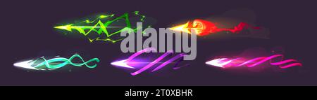 Set of laser gun shots isolated on black background. Vector cartoon illustration of neon color arrows glowing with green lightning, purple spiral, pink love spell, orange fire effects, blaster attack Stock Vector