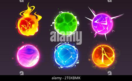 Magic orb ball game icon with fire glow effect. Crystal power sphere and lava fireball with lightning electric element. Neon cristal plasma bubble. Witch shiny and glowing round abstract collection Stock Vector