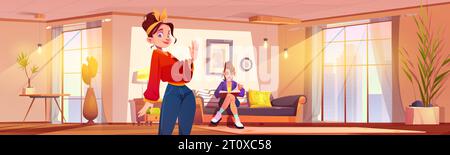 Two young women in living room - one girl sitting on sofa reading, other waving and welcoming. Cartoon vector illustration hall interior with furniture and sun beam, large windows and plants in pots. Stock Vector