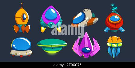 Spaceship and alien ufo ui game vector cartoon set. Fantasy galaxy icon and cosmic spacecraft object illustration. Isolated different jet and shuttle item pack for futuristic adventure interface Stock Vector