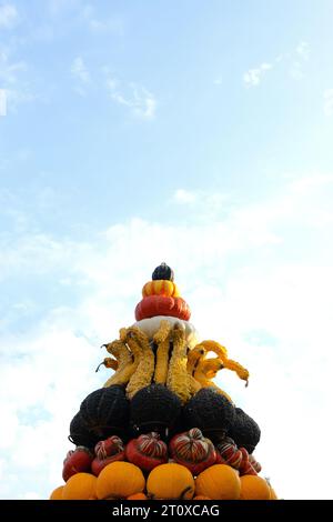 The top of an arrangement of pumpkins and gourds on display at the Minnesota Landscape Arboretum in Chaska, Minnesota. Stock Photo