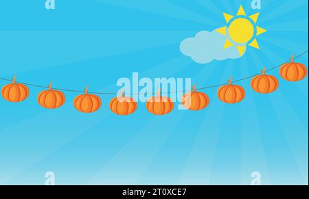 Pumpkins hanging on a rope on a sunny day with blue sky Stock Vector