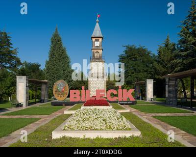 Bilecik, Turkey. 24 September 2023. Historical clock tower in Bilecik.  It is located in the garden of Bilecik Municipality Palace. Stock Photo