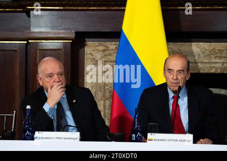 Bogota, Colombia. 09th Oct, 2023. The President of the IACHR Judge Ricardo Perez (R) and Colombia's minister of Foreign Affairs, Alvaro Leyva (R) during the installation of the 162 session of the Inter-American Court of Human Rights (IACHR) in Bogota, Colombia, October 9, 2023. The court will review the cases of Chile, Guatemala and Brazil. Photo by: Chepa Beltran/Long Visual Press Credit: Long Visual Press/Alamy Live News Stock Photo