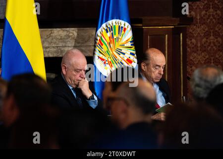 Bogota, Colombia. 09th Oct, 2023. The President of the IACHR Judge Ricardo Perez (R) and Colombia's minister of Foreign Affairs, Alvaro Leyva (R) during the installation of the 162 session of the Inter-American Court of Human Rights (IACHR) in Bogota, Colombia, October 9, 2023. The court will review the cases of Chile, Guatemala and Brazil. Photo by: Chepa Beltran/Long Visual Press Credit: Long Visual Press/Alamy Live News Stock Photo