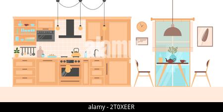 Kitchen interior in flat style. Hot tea on a table and just cooked pie. Day time in city apartment dining room cooking area and home mood Stock Vector
