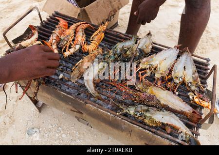 Lobsters and prawns cooked on small grill at the beach, Zanzibar, Tanzania Stock Photo