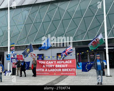 Liverpool, UK. 09th Oct, 2023. EU supporters around the well-known activist Steve Bray (right, with hat) demonstrate for a return to the EU. The action took place outside the venue of the annual conference of the Labour Party. Credit: Benedikt von Imhoff/dpa/Alamy Live News Stock Photo