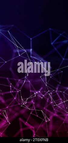 Concept for tech and business. Abstract geometric plexus with triangular cells connecting dots background in blue and purple. Vertical size. Stock Photo