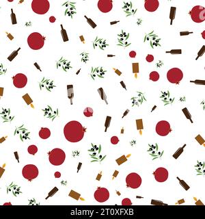 Happy Hanukkah poster, template for your design. Hanukkah is a Jewish holiday. Greeting Card with pomegranate, wine, olive branch and burning candle. Stock Vector