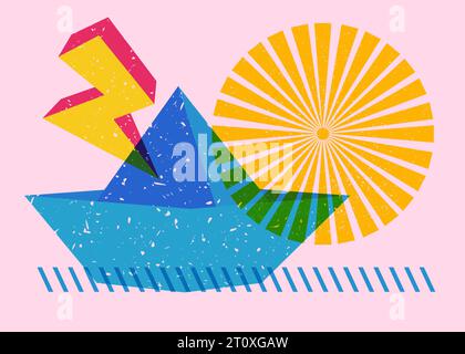 Risograph paper ship with geometric shapes. Origami boat with geometry elements in trendy riso graph design. Stock Vector