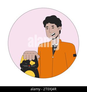 Middle eastern teen boy petting cat 2D line vector avatar illustration Stock Vector