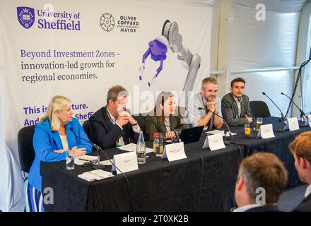 EDITORIAL USE ONLY (left to right) Maria Laine from Boeing, Professor Koen Lamberts of Sheffield University, Zoe Gruenwald from the New Statesman, Oliver Coppard South Yorkshire Mayor and Paul Swinnie Centre for Cities talk to delegates at the Beyond Investment Zones: innovation-led growth for regional economies, a panel discussion hosted by the University of Sheffield. Picture date: Monday October 9, 2023. Stock Photo