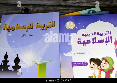 Cairo, Egypt, September 28 2023: collection of various text books, educational books used by Egyptian school children, learning, teaching, educational Stock Photo