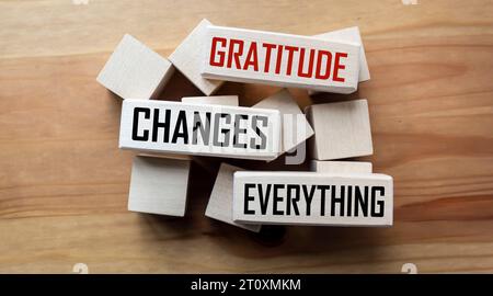 Gratitude changes everything word written on wood block. Gratitude changes everything text on wooden table for your desing, concept. Stock Photo