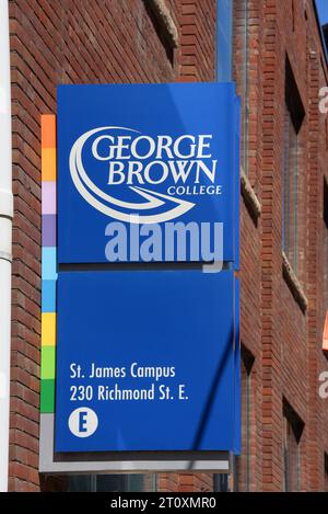 Toronto, Canada - August 12, 2022: Sign for The George Brown College of Applied Arts and Technology, a public, fully accredited college of applied art Stock Photo