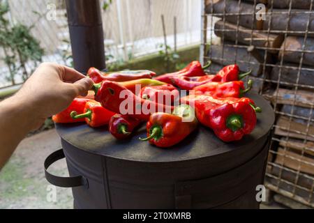 Baking red peppers on an old wood fired stove outdoors in the yard on an autumn day. A hand turns the peppers. Concept of preparing ajvar Stock Photo