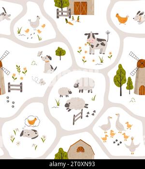 Cartoon Village map seamless pattern. Background of a farm with barn, windmill, funny animals, road and trees. Perfect for textile, fabric, paper Stock Photo