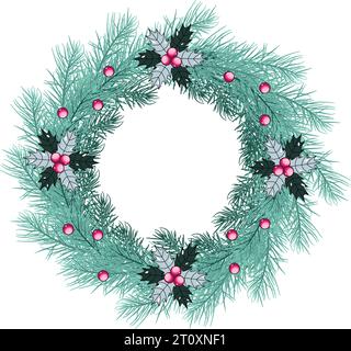Christmas wreath with fir branches, holly berry and red bow. Vector ...