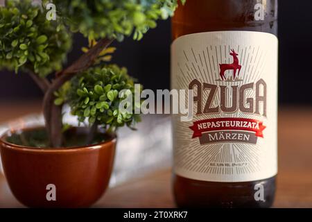 Beer bottle on table, Azuga unpasteurized Stock Photo
