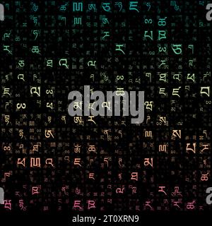 Abstract matrix background. Random letters of Tibetan alphabet. Gradiented matrix pattern. Teal pink color theme backgrounds. Tileable horizontally. Stock Vector